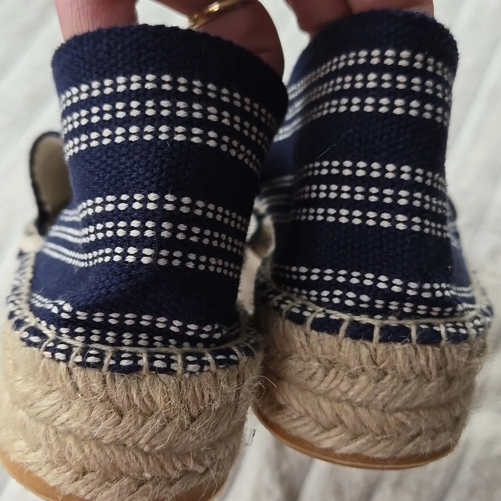 Navy Striped Espadrille Flats with Elastic V Panel